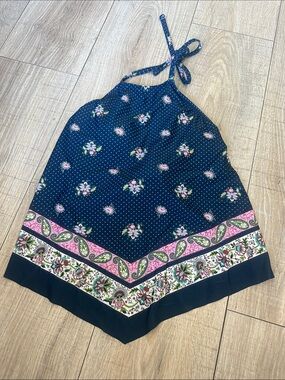 Shade & Shore Navy Halter Floral Bikini Top with Pink & Green Border